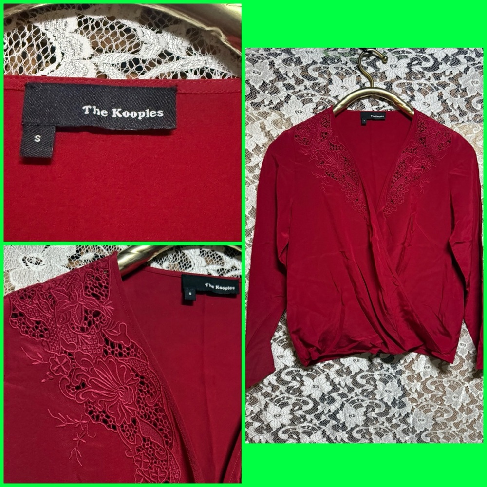 The Kooples cherry red Embroidered fauxWrap-Front Blouse small like new